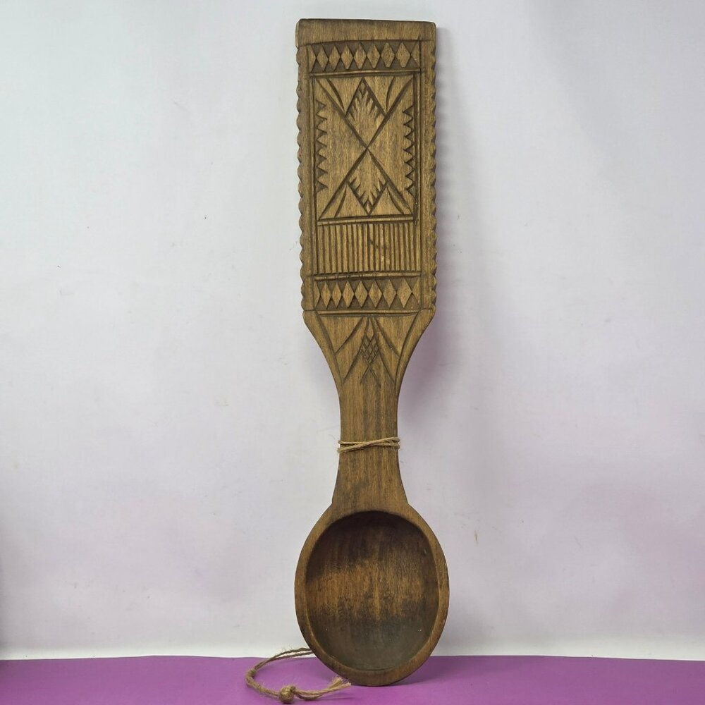 Hand-Carved Wooden Spoon With Geometric Design Rustic Decorative Kitchen Utensil